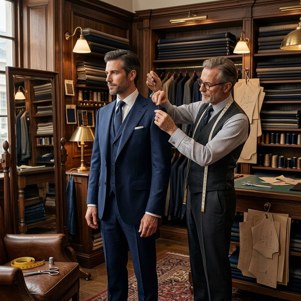 Master tailor meticulously adjusting a bespoke suit on a client